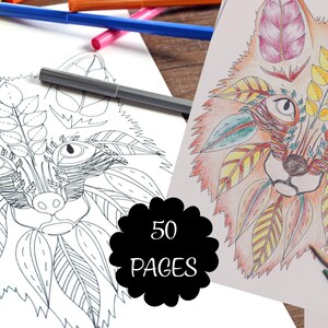May include: Coloring book pages featuring a detailed fox design with leaf accents. One page is colored with orange, yellow, and green, while the other is a black and white outline. The image includes colored pencils and a marker. The text "50 PAGES" is displayed.