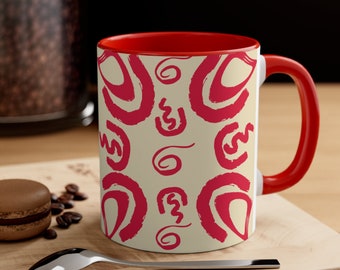 Abstract pattern accent coffee mug red inside & handle drinking mug African inspired hot drinks cup bold red print mug for tea or coffee