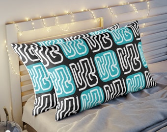 Housse à motifs turquoise taie d'oreiller audacieux motif blanc abstrait enveloppe ouverture inspiration africaine couvre oreillers oreillers de lit uniques