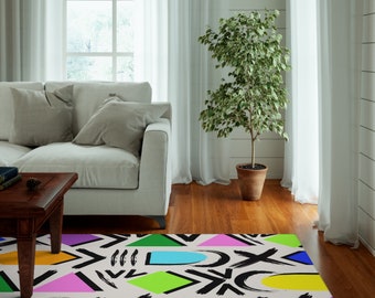 Multi coloured shapes bold print indoor rug bold print silky soft surface rug African inspired print anti slip rug unique print abstract