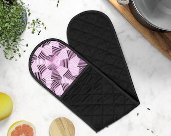 Gants de cuisine imprimés abstraits noirs blancs gants de cuisine fond rose élégants audacieux uniques protecteurs de chaleur, gants antidérapants et résistants à la chaleur