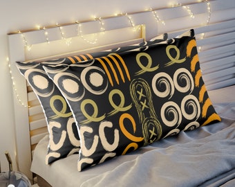 Taie d'oreiller à motifs noirs audacieux abstrait orange formes dorées motif enveloppe ouverture oreiller d'inspiration africaine couvre oreillers de lit uniques