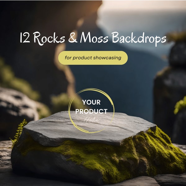 Rock and Moss Product Background Templates | Merchandise Presentation mockups | Stone Digital Backdrops