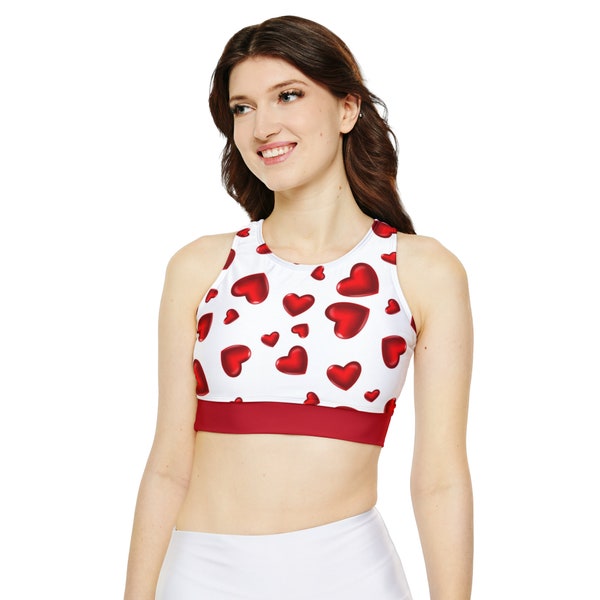 Red Hot Hearts Fully Lined, Padded Sports Bra (AOP), Valentines, red hots, sports bra, gym sports bra, yoga sports bra,