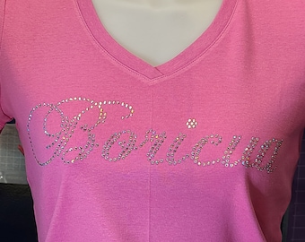 Boricua Shirt, Rhinestone Short Sleeve Ladies Super Pink T-Shirt (relax fit). Puerto Rico, Puerto Rican, Puertorriquena, Boricua Bling