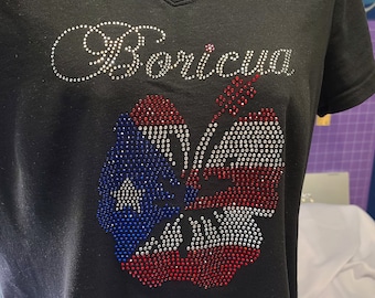 Boricua Puerto Rico Flag T-shirt.  Rhinestone Puerto Rico Flag Flower on Black cotton V-Neck relax fit tshirt. Puerto Rican, Puertorriquena.