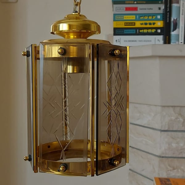 Vintage 1 Light Electric Lantern, 1980s | Unusual Brass and Beveled Glass Entry Hall Pendant Light Fixture With Stars Engravings On Glass
