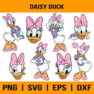 Puede incluir: Una colección de ilustraciones de Daisy Duck en varias poses. Daisy se representa con un lazo rosa, una blusa morada y una pulsera turquesa. La imagen incluye el texto "DAISY DUCK" en la parte superior y opciones de tipo de archivo en la parte inferior.