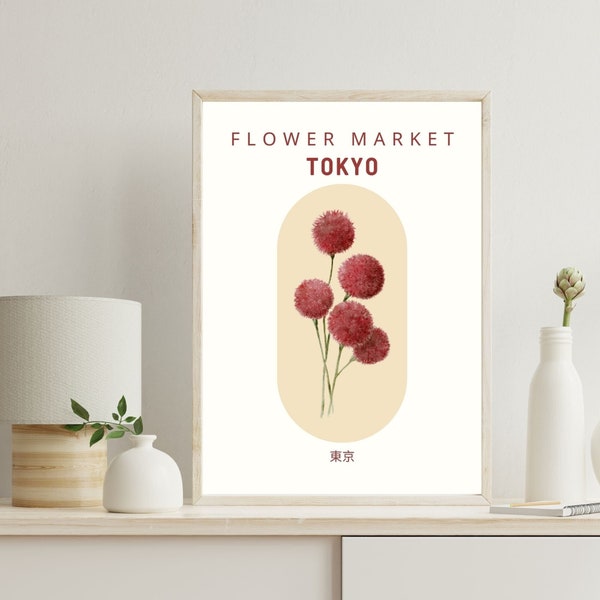 Tokyo Flower Market, Red Flowers, Floral Illustration, Boho Wall Art, Flowers of Cities, Floral Botanical Wall Art, Instant Download