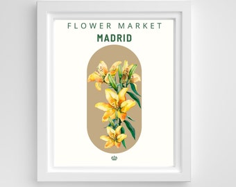 Madrid Flower Market, Yellow Lily Flower, Floral Illustration, Boho Wall Art, Flowers of Cities, Floral Botanical Wall Art, Instant Download