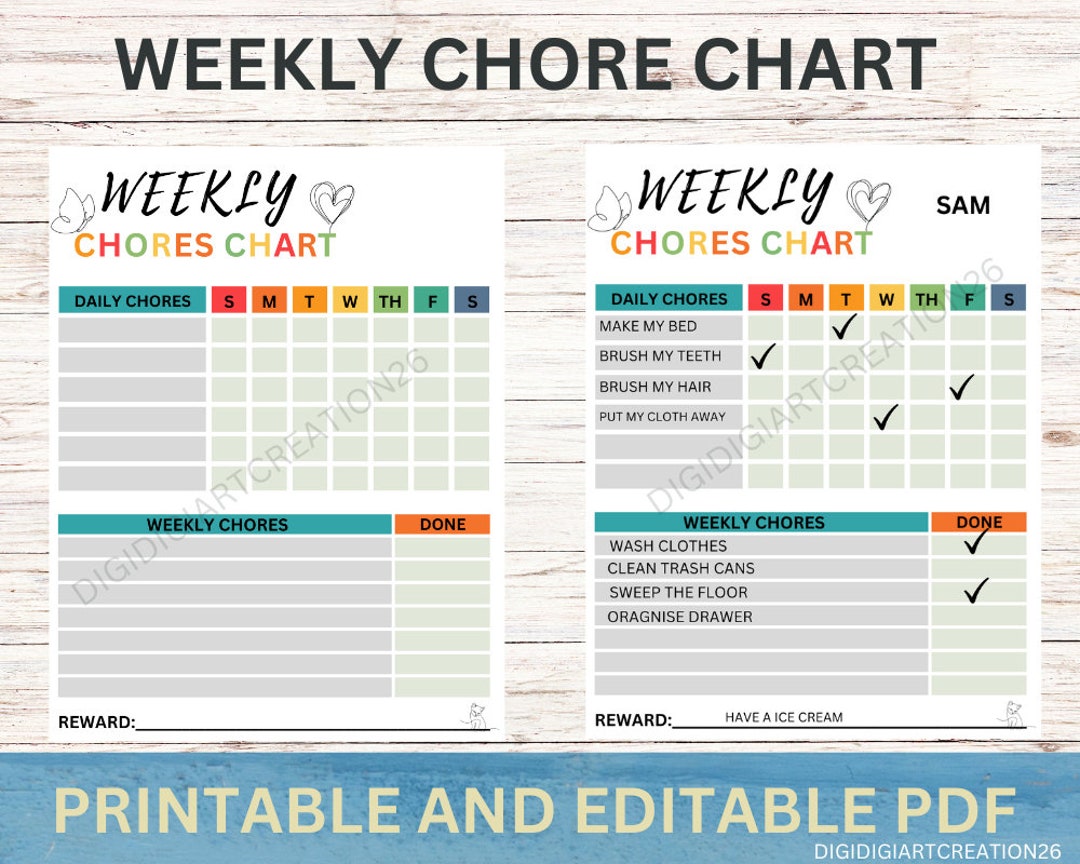 Editable Weekly Chore Chart Printable Pdf Weekly Printable - Etsy