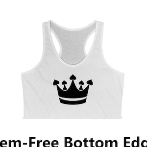 May include: White crop top with a black crown graphic. The bottom edge of the top is raw and unfinished. "Hem-Free Bottom Edge" is written below the image.
