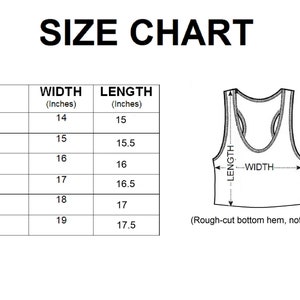 May include: Size chart for a tank top with measurements in inches. The chart shows the width and length of the tank top in inches for sizes XS, S, M, L, XL, and 2XL.