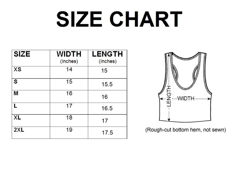 May include: Size chart for a tank top with measurements in inches. The chart shows the width and length of the tank top in inches for sizes XS, S, M, L, XL, and 2XL.