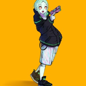 May include: An anime character with green skin and long blonde hair, wearing a black jacket with green accents, white shorts, and black shoes. The character is holding a pink and black gun.