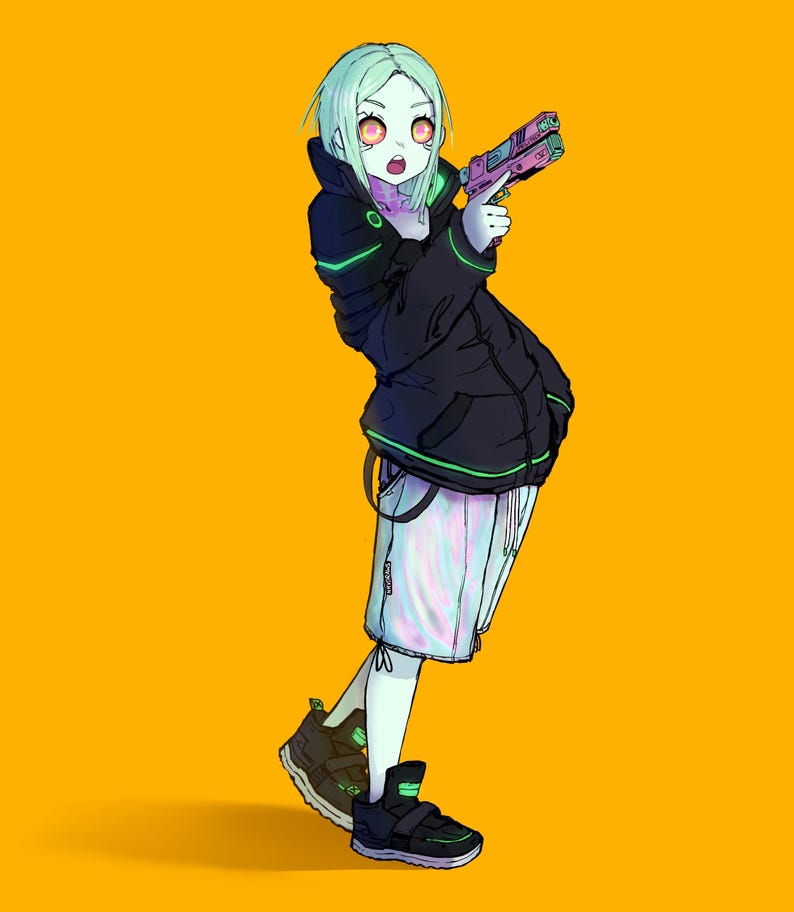 May include: An anime character with green skin and long blonde hair, wearing a black jacket with green accents, white shorts, and black shoes. The character is holding a pink and black gun.