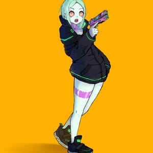 May include: An anime character with green skin, pink hair and large eyes is wearing a black jacket with green accents and black shoes. The character is holding a pink and black gun in their right hand.