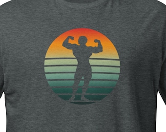 Body Builder Flex Silhouette Synthwave Sun Graphic Tee, Swole & Swagger Gym Shirt, Bodybuilding T-Shirt, Workout Tshirt