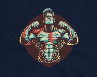 May include: A navy blue t-shirt with a retro-style illustration of a muscular man flexing his biceps.