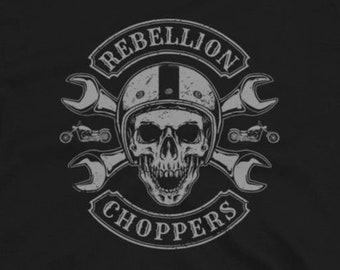Rebellion Choppers Cafe Racer Motorcycle Skull Vintage Biker Graphic Tee Short-Sleeve Unisex T-Shirt