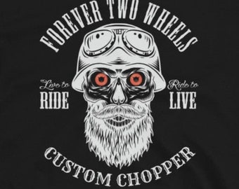 Forever Two Wheels FTW Ride To Live, Live To Ride Custom Chopper Bearded Skull Red Eyes Biker Graphic Tee Short-Sleeve Unisex T-Shirt