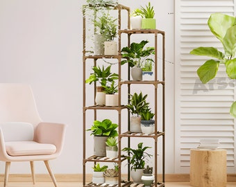 Support pour plantes d'intérieur fait main en bambou pour 9 pots | Support pour plantes multiples | Support pour plantes à plusieurs niveaux | Jardinière | Grands supports pour plantes | Étagère à plantes