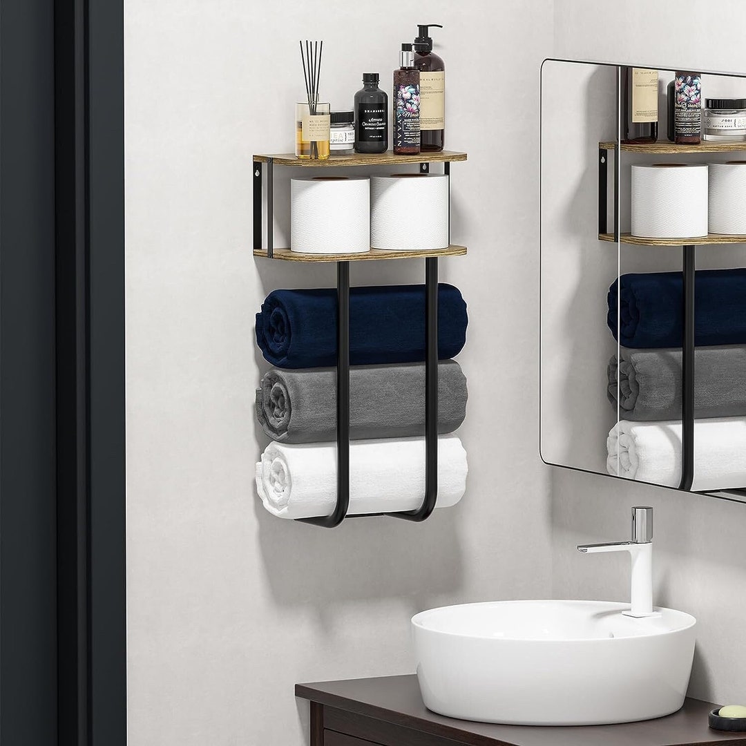 2 Tier Wood Bathroom Shelves With Towel Rack Bath Towel Storage Over ...