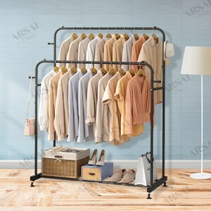 4 Hooks Metal Double Rods Garment Rack with Wheels | Clothe Hanger | Retail Clothing Rack | Hanging Clothe Rack | Housewarming Gift