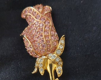 VTG Nolan Miller Signed Pink Crystal Rose Brooch