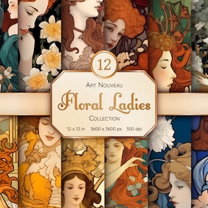 Art Nouveau Floral Ladies Seamless Pattern Collection - Digital Paper Bundle for Scrapbooking - Instant Download for Commercial Use