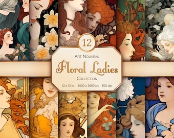Art Nouveau Floral Ladies Seamless Pattern Collection - Digital Paper Bundle for Scrapbooking - Instant Download for Commercial Use