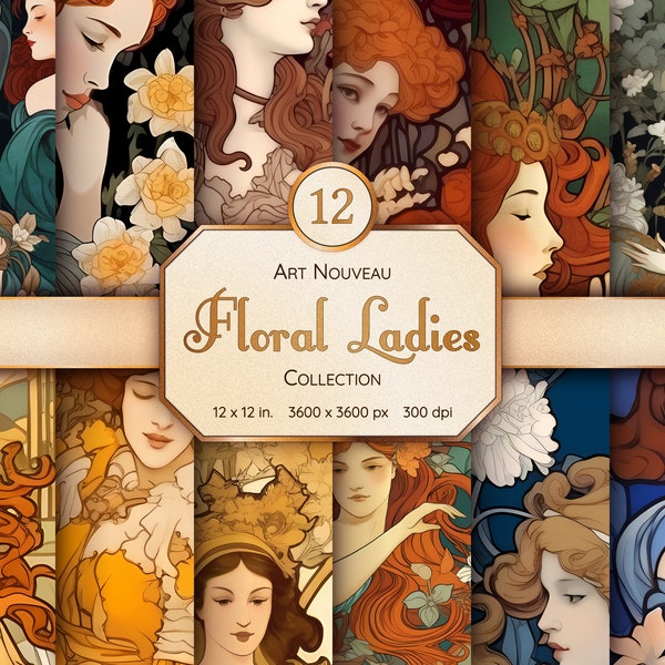 Art Nouveau Floral Ladies Seamless Pattern Collection - Digital Paper Bundle for Scrapbooking - Instant Download for Commercial Use