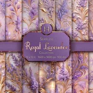 Puede incluir: Un conjunto de 14 diseños de papel digital con un patrón floral morado y dorado con una estética vintage. Los papeles son sin costuras y miden 30,48 cm por 30,48 cm a 300 dpi.