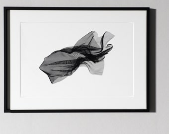 May include: A black and white photograph of a piece of fabric, possibly tulle or netting, that is flowing and swirling in the air. The fabric is very delicate and appears to be almost transparent.