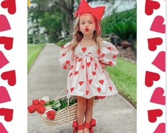 Valentine's Day Toddler Kid Baby Girl Dress Red Heart Print Puff Sleeve Party Dresses For Girl Children