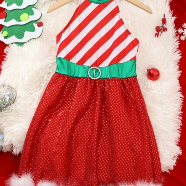 Teen Girls Christmas Striped Shiny Leotard Dress Xmas New Year Party Ballet Dance Skating Tutu Cosplay Stage Performance Costume