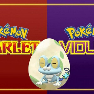 May include: A split image with the text "Pokémon Scarlet" on the left and "Pokémon Violet" on the right. In the center is a white egg with a green and blue Pokémon inside.