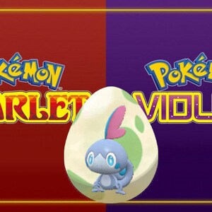 May include: A white egg with a green and blue Pokémon inside. The egg is in the center of the image, with the text "Pokémon Scarlet" on the left and "Pokémon Violet" on the right.