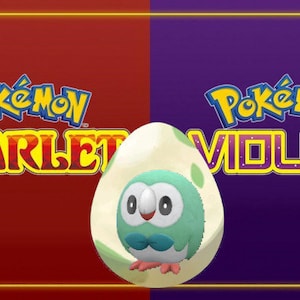 May include: A green and white Pokemon egg with a small green Pokemon inside. The egg is in the center of the image, with the text "Pokémon SCARLET" on the left and "Pokémon VIOLET" on the right.