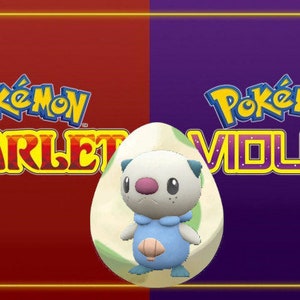 May include: A white egg with green swirls, featuring a small, blue and white Pokémon inside. The egg is centered between the words "Pokémon Scarlet" in red and "Pokémon Violet" in purple.