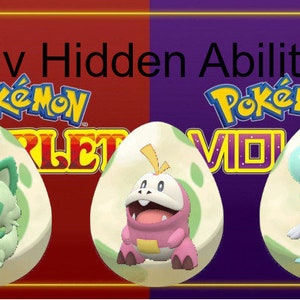 May include: A digital image showing two Pokemon eggs, one with a Sprigatito inside and the other with a Smoliv inside. The text "6iv Hidden Ability" is at the top of the image. The text "Pokemon Scarlet" is on the left side of the image and the text "Pokemon Violet" is on the right side of the image.
