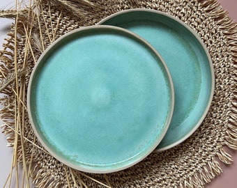 Set of 2 ceramic plates, Wheel thrown Handmade plates Emerald and Soft Pink Colors