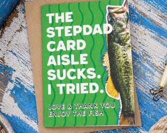 Fishing lover stepdad Father's Day greeting card, Sarcastic coastal fisherman new dad gift, Novelty dads stepfather bass fish boat keepsake