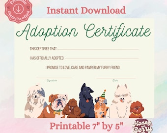 Adoption Certificate Puppy Party Printable Party Favors Pet Adoption Party Certificate Template