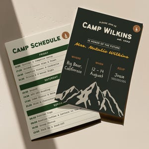 Camp Bachelorette Invitation & Bachelorette Itinerary Template | Last Trail Before the Veil, Glamping Party, Camp Theme Bachelorette Invites