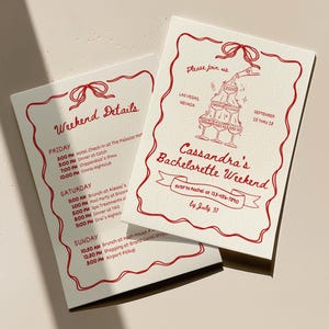 Champagner Bachelorette Einladung Illustriert + Wochenend-Reiseplan, Ribbon Doodle Invite, Trendy Hennen Einladen, Handgeschriebener Bachelorette Invite