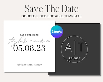 Salva le date moderno e minimalista con monogramma - Modello Canva modificabile / Suite di inviti per matrimonio contemporanei