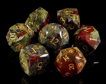 Einzigartiger Drachenblut Achat D&D Würfel Volles Set Stern Faceset Facettierter Prisma Edelstein W20 Würfel|Natürliche Drachenblutstein Würfel Set|Edelstein W20