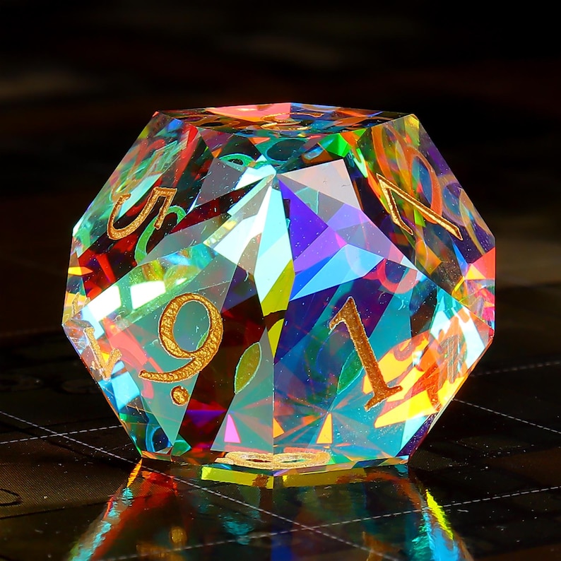 May include: A multi-faceted iridescent crystal d20 dice with gold numbers. The dice is a 20-sided die used in tabletop role-playing games.