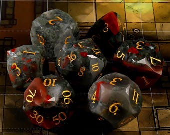 Zestaw naturalnych kości DnD z krwawego kamienia | Wielopłaszczyznowe kostki z kamieni szlachetnych | Dungeons and Dragons Tabletop Gaming RPG DND Role Polyhedral Gaming Dice Set